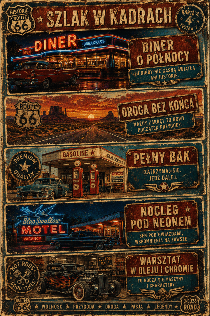 Cztery nocne kadry z dinera, drogi, stacji paliw i motelu Route 66