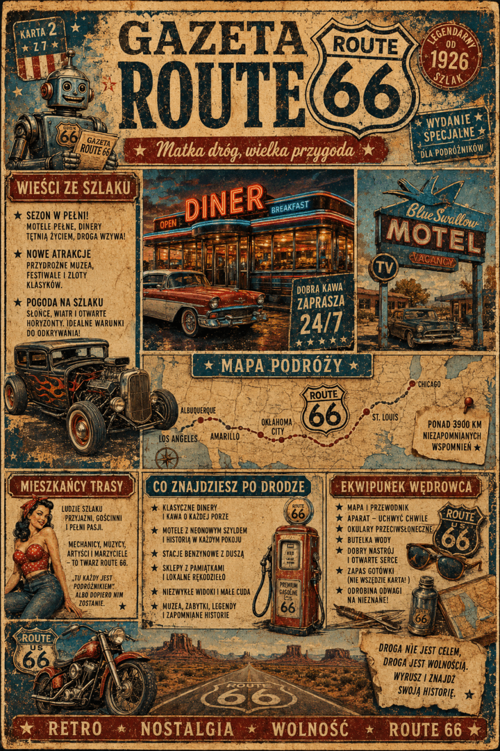 Gazeta Route 66 z dinerem, mapą podróży i wieściami ze szlaku