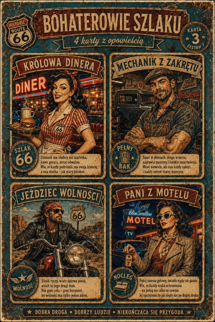 Cztery karty bohaterów szlaku Route 66