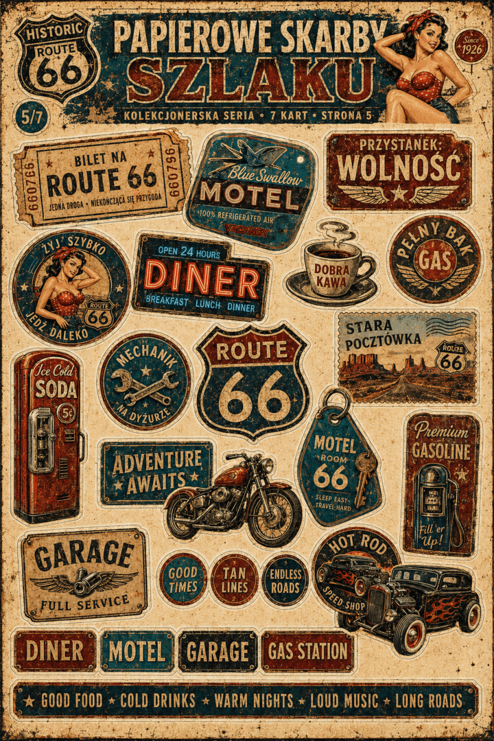 Arkusz papierowych skarbów ze znakami, biletami i pamiątkami Route 66