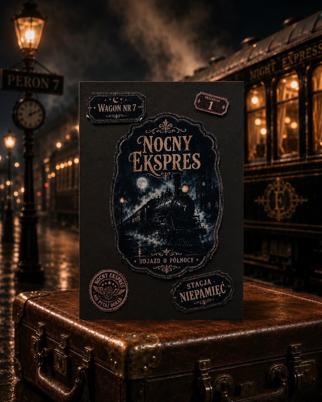 Kartka Nocny Ekspres na walizce przy nocnym peronie